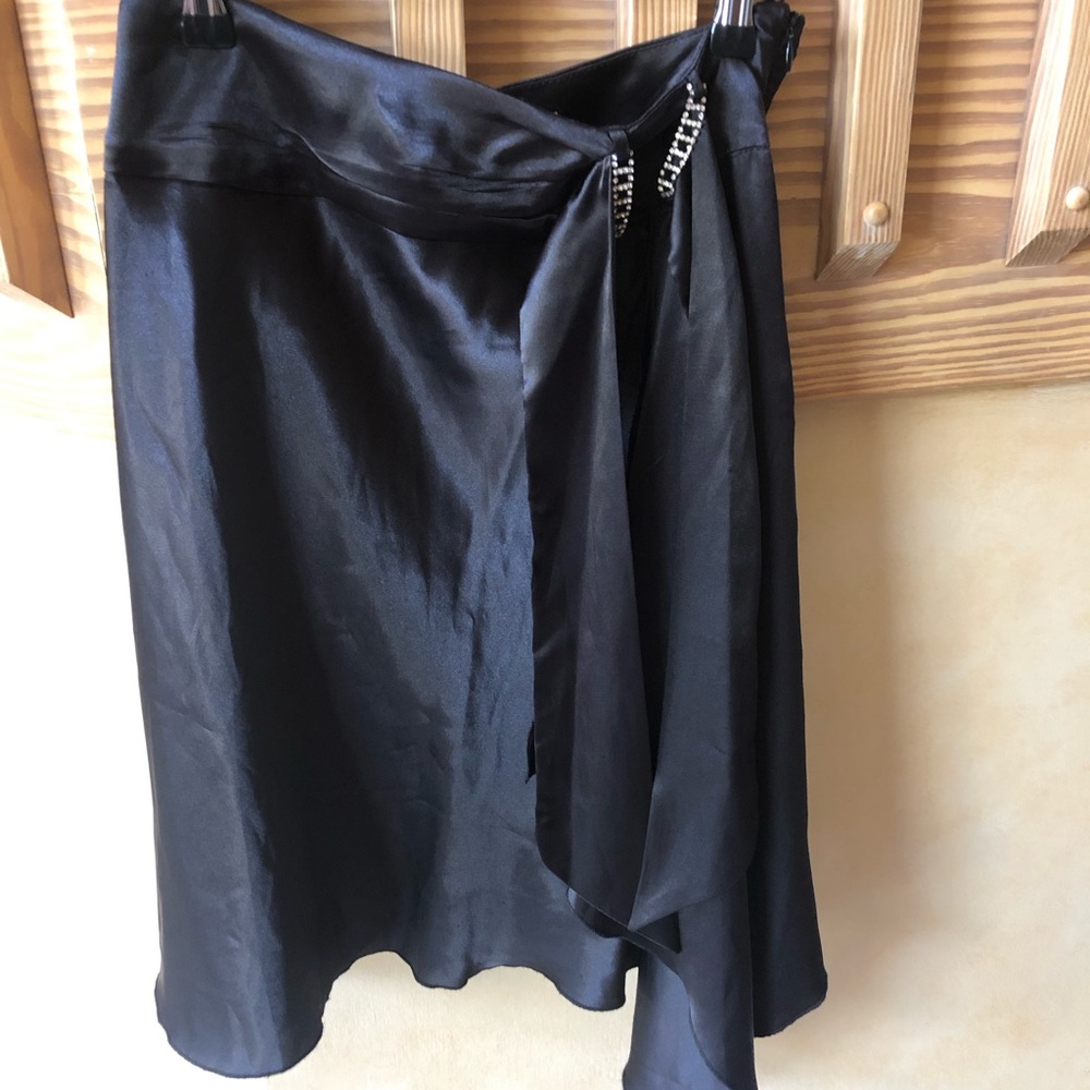 Black Satin Asymmetrical Draped Skirt with Rhinestone Detail